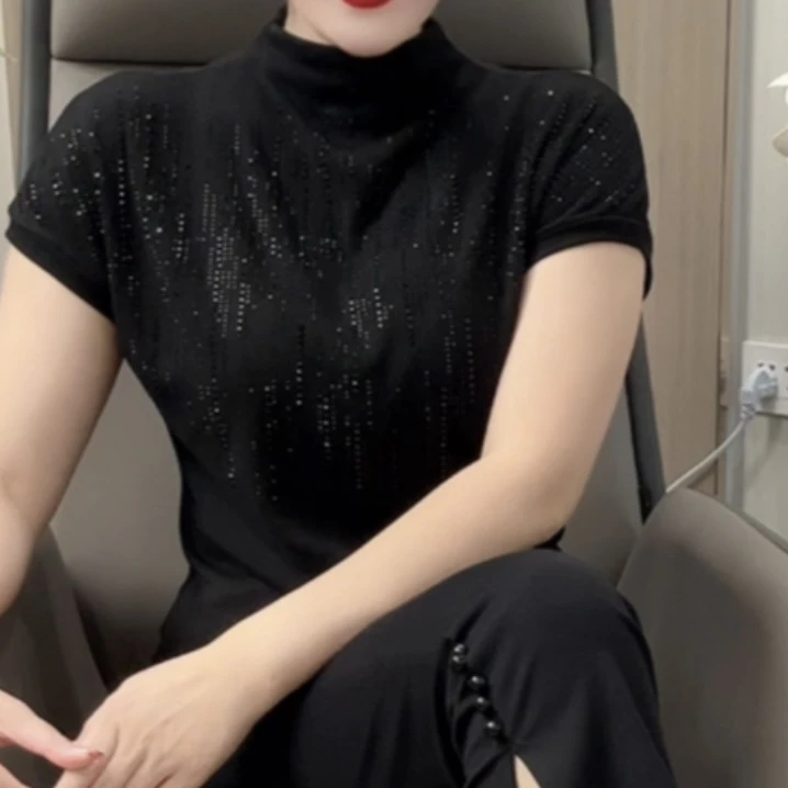 秋季新版短袖半高领烫钻T恤修身时尚显瘦