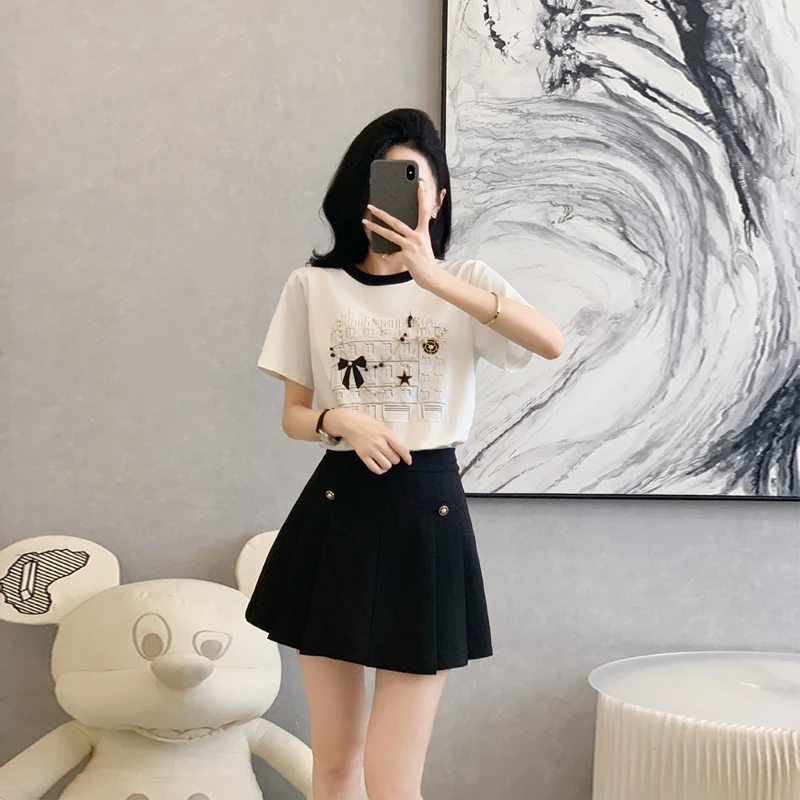 学院风百搭时尚套装女夏气质减龄洋气高腰显瘦印花T恤短裙两件套