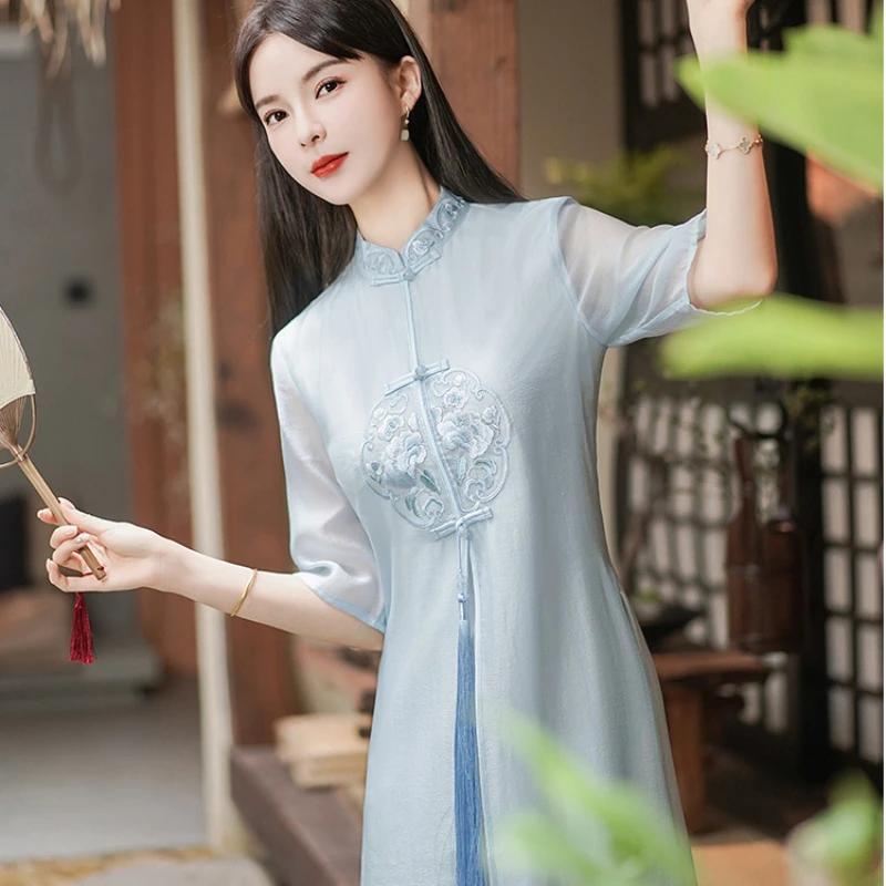 中国风禅意茶服女2025夏季新款刺绣新中式仙气飘逸旗袍改良连衣裙