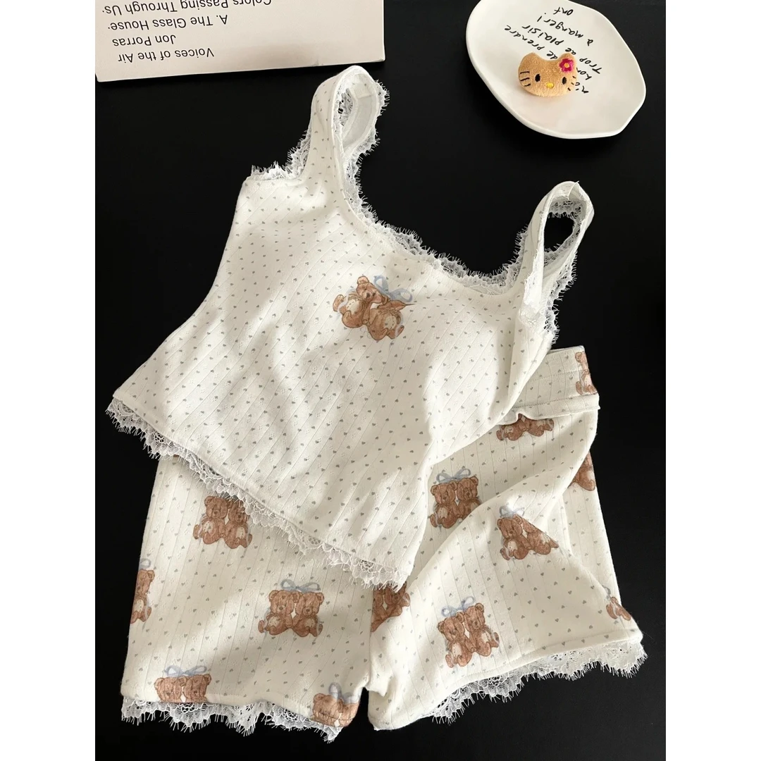 【波点小熊】韩系甜美少女带胸垫吊带睡衣女夏季新款套装外穿家居服