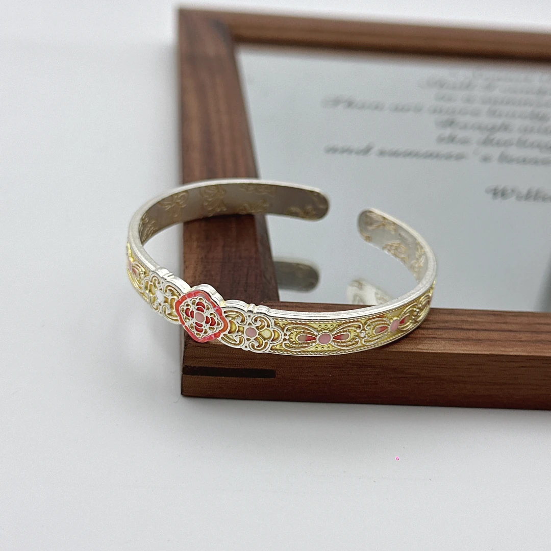 银9999手镯女国风珐琅彩宝相花开口镯子复古描金古法时尚