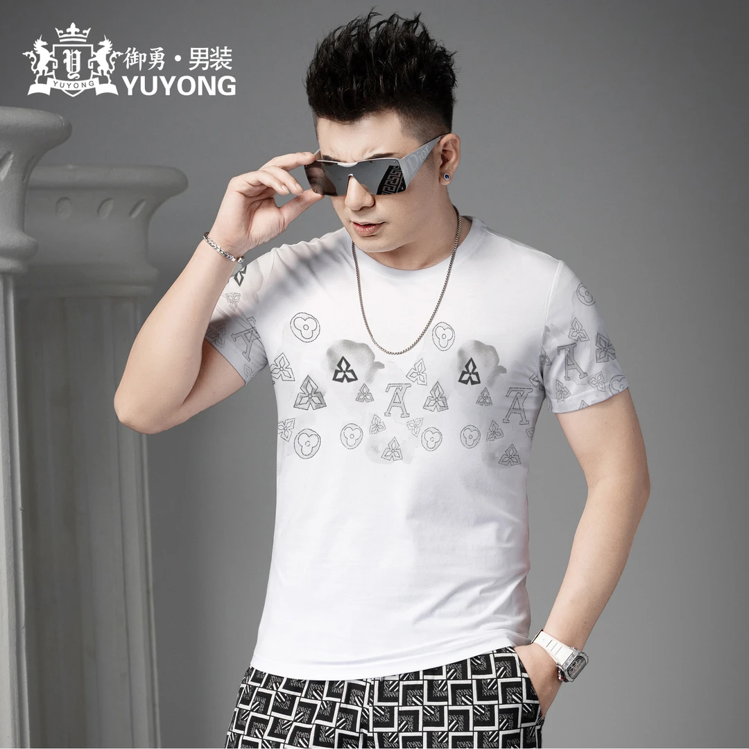 欧货2025夏季新款潮牌圆领短袖t恤男士印花休闲上衣修身半袖体恤