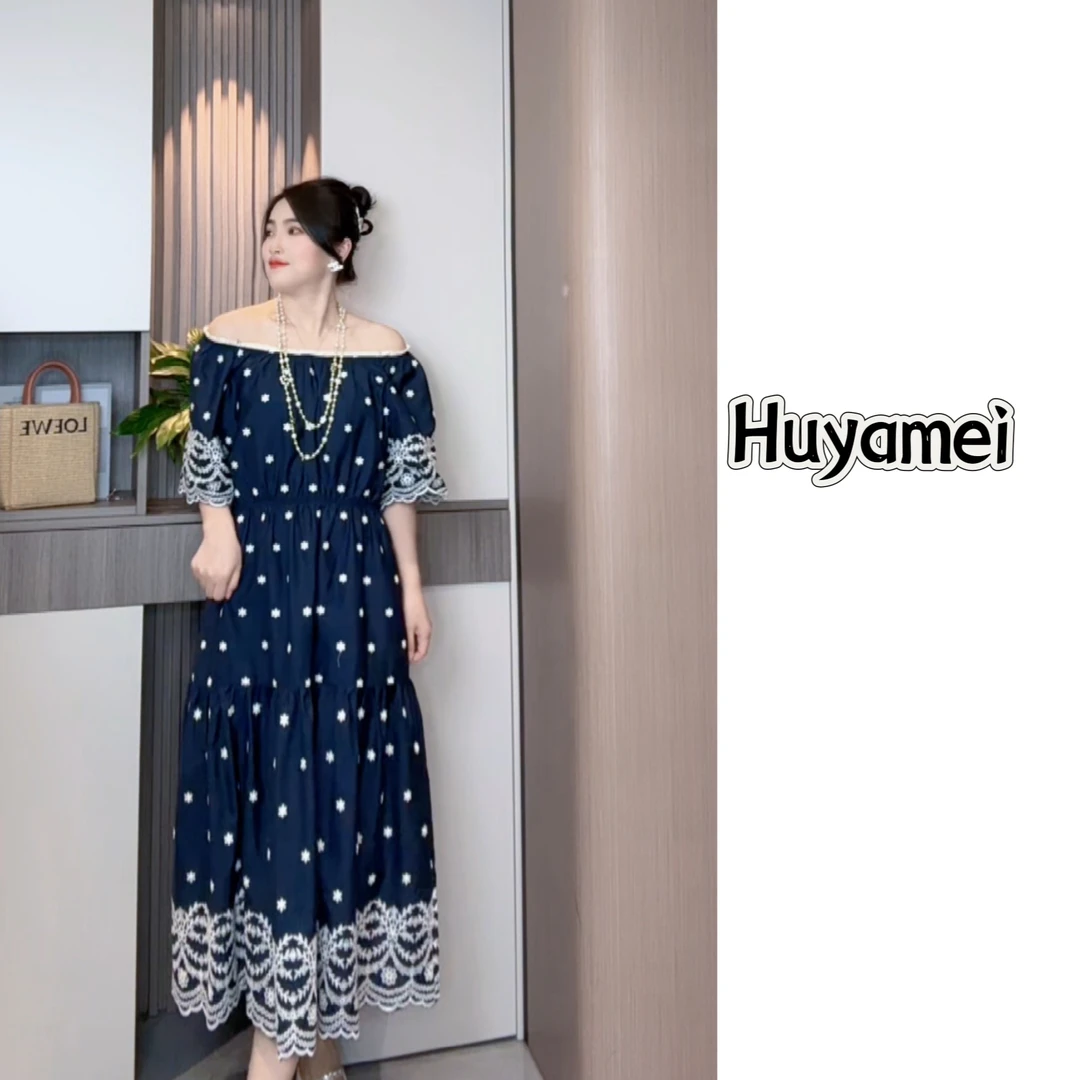 民族风海边度假一字肩重工刺绣收腰显瘦气质连衣裙女夏