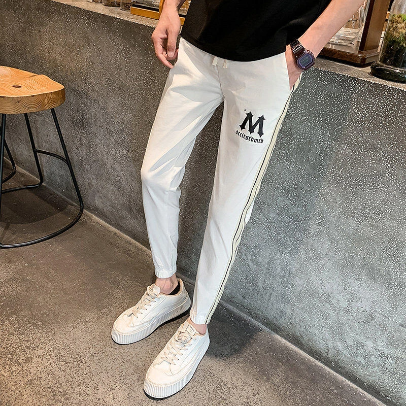 潮牌夏季潮男新款字母修身小脚百搭时尚休闲裤男士时尚九分裤长裤