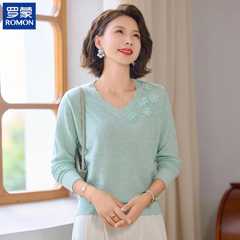 罗蒙气质秋季时尚妈妈装中年V领蕾丝花朵长袖中老年秋款纯色小衫