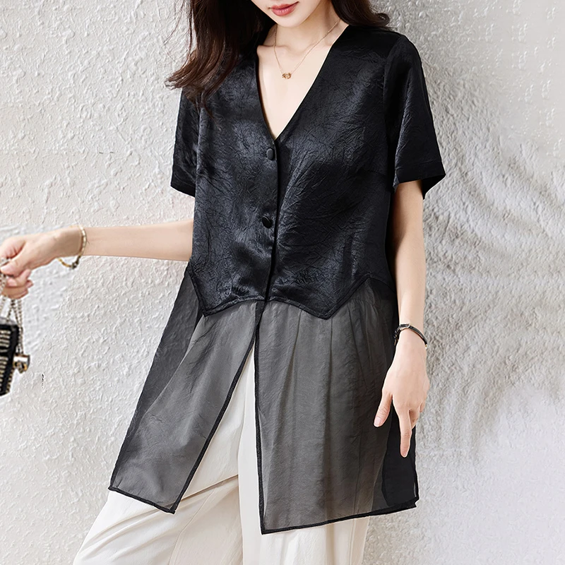 醋酸缎面拼接网纱短袖衬衫女2025新款夏季中长款开叉上衣轻奢小衫