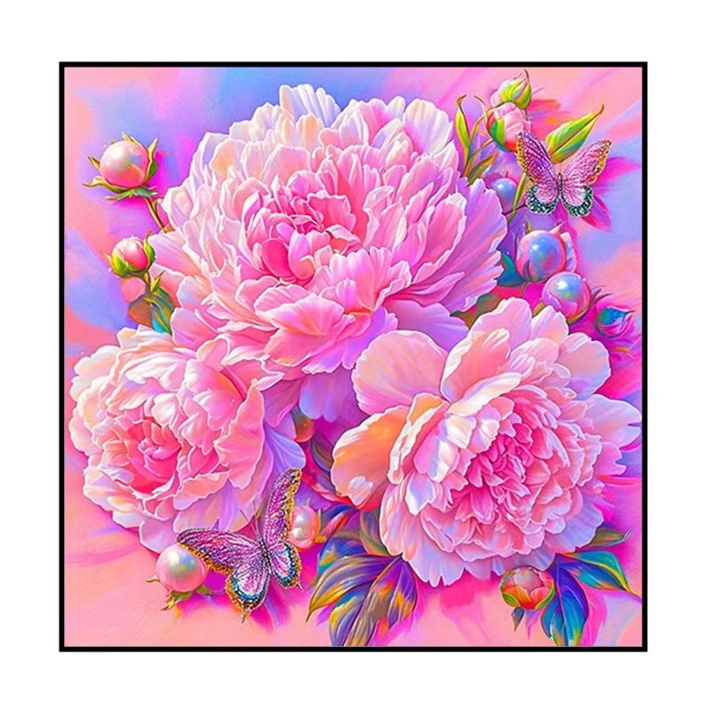 粉色珍珠牡丹大格四股满绣白布43颜色-75*75-蒙娜丽莎十字绣套件