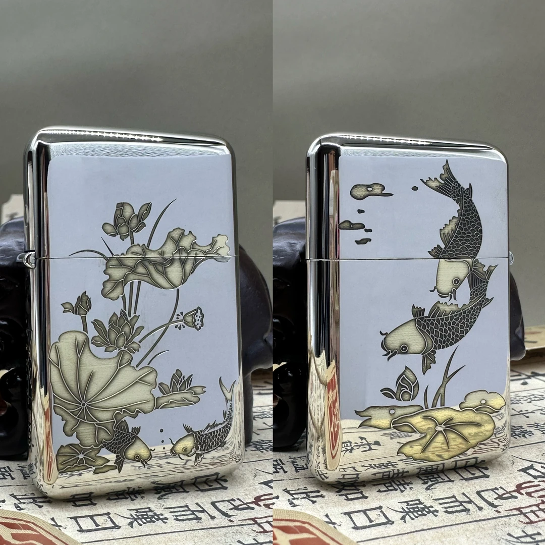 【790白镍双色-荷花锦鲤】佐罗790三代密封超薄煤油打火机送礼佳品