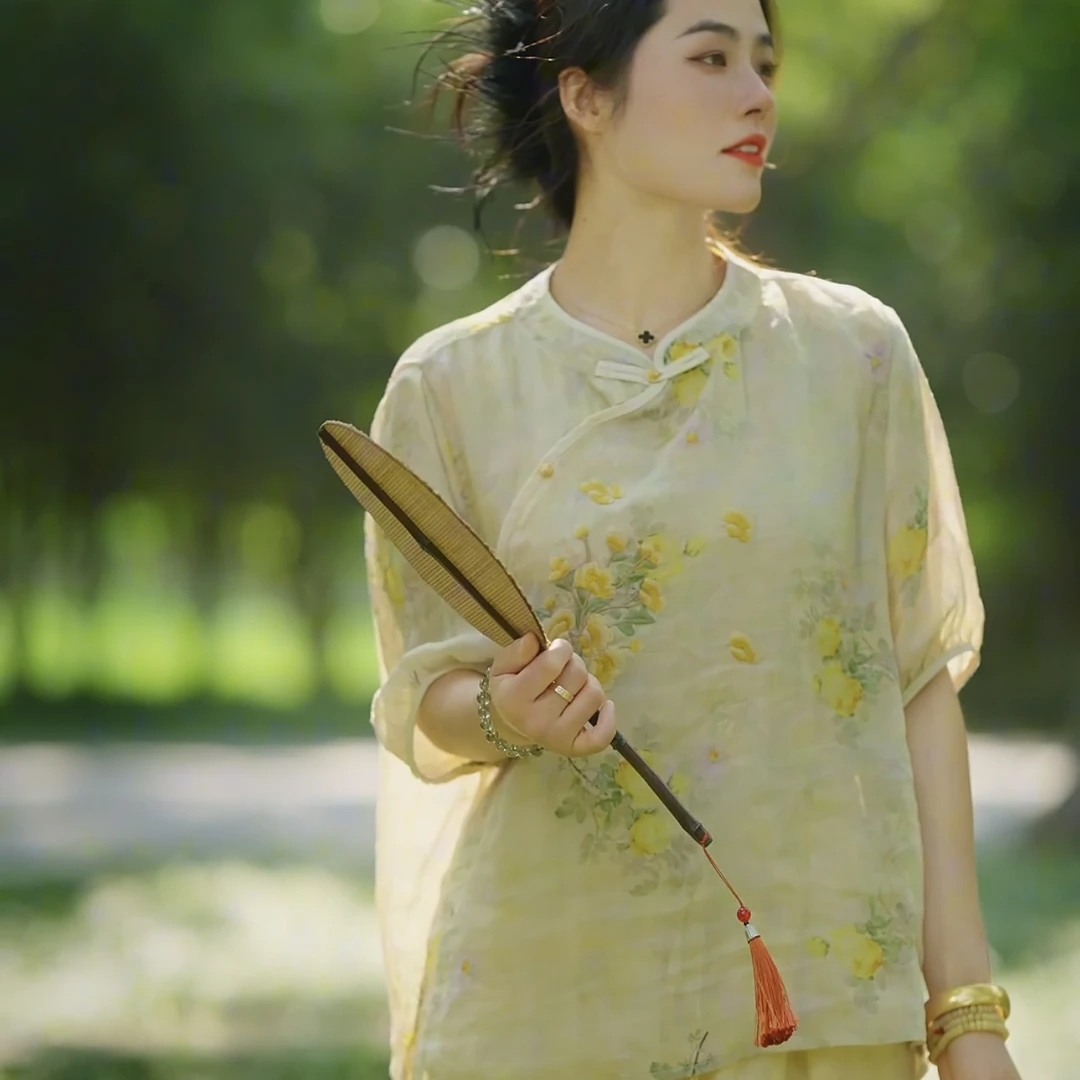 西子妆夏季新款复古斜襟七分袖衬衫1763