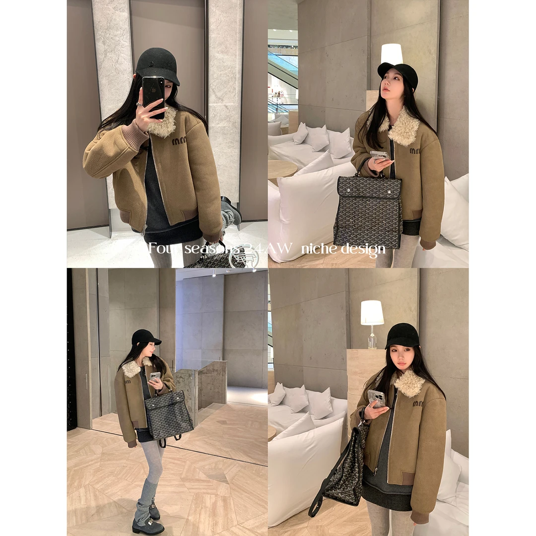 区区欧阳美式限定 m*u感拽姐翻领外套女冬季加厚休闲美式复古仿皮