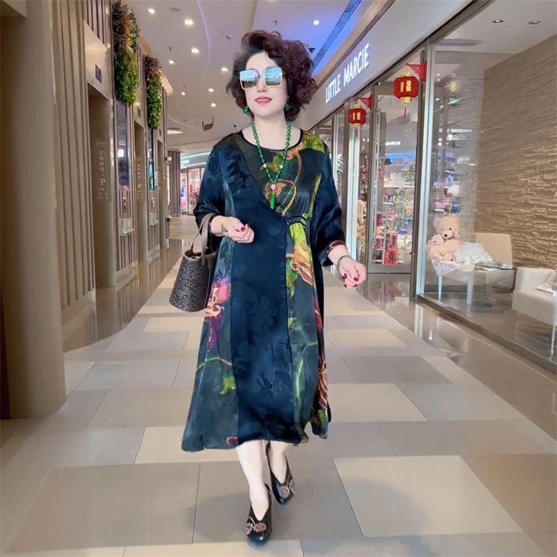 中年妈妈装国风连衣裙大码女装夏季新款高端气质减龄宽松长裙