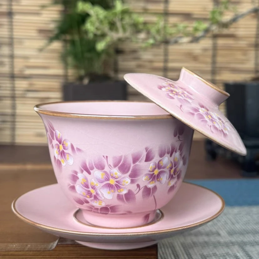 粉色汝窑梅花三才悬停盖碗防烫泡茶碗功夫茶具家用陶瓷茶碗敬茶碗
