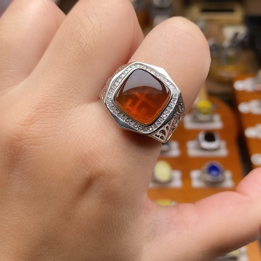 琥珀银S925镶嵌戒指琥珀