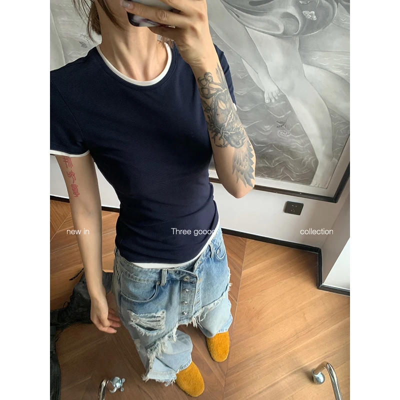 THREE GOOOD/三吉天丝针织显瘦简约百搭撞色修身T恤Y725Y03385