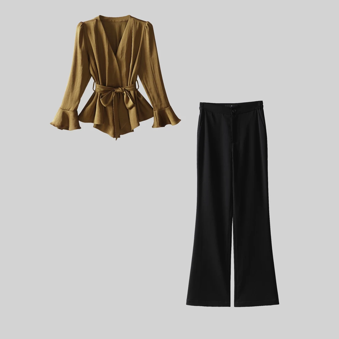 1319法式V领设计感绑带春秋新款上衣阔腿裤套装