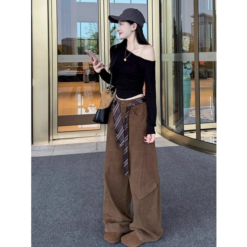 美式复古工装弯刀牛仔裤女秋季2025新款高腰宽松显瘦直筒阔腿裤子