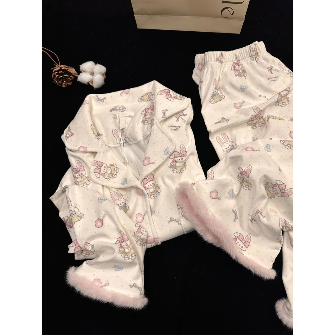 【爆款睡衣女】甜美风卡通兔子德绒睡衣女秋冬新款毛边家居服套装