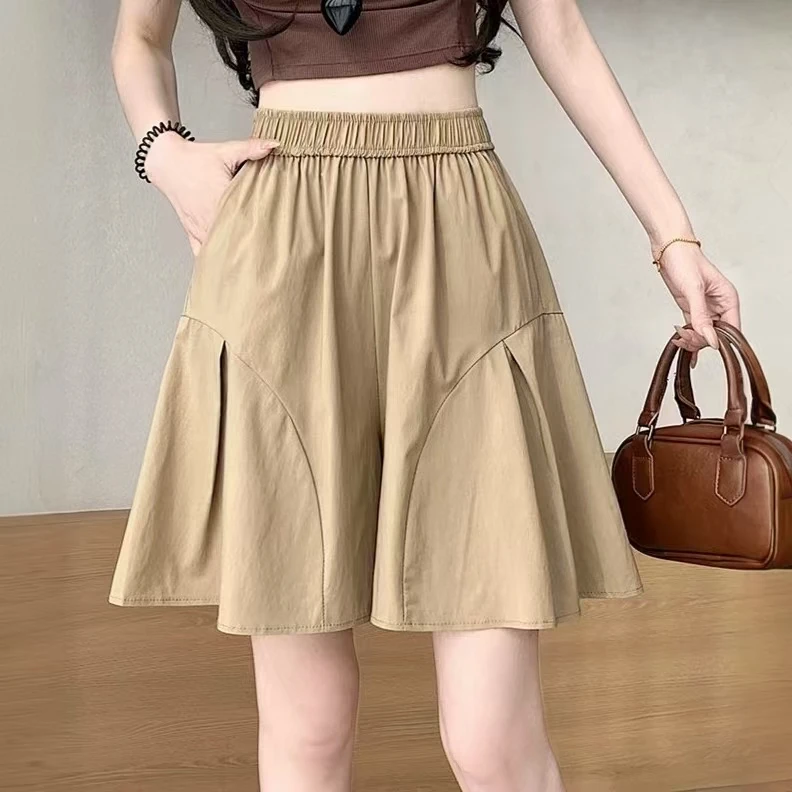 冰丝皱麻五分裤女裤裙短裤夏季2025新款宽松阔腿裤女松紧腰休闲裤