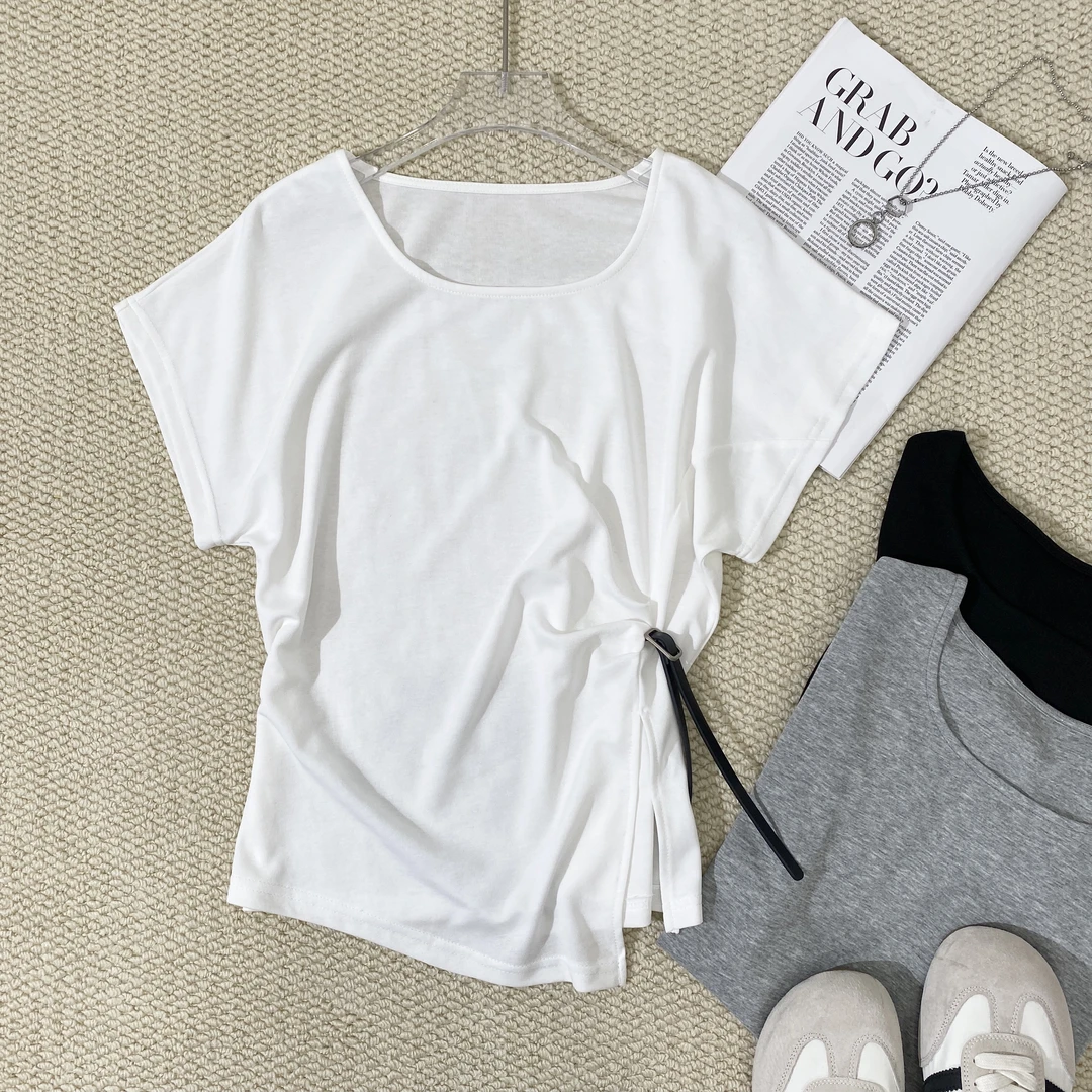 小韩日记【腰带短袖】短袖夏季开叉纯色显瘦显瘦时尚韩版简约9106