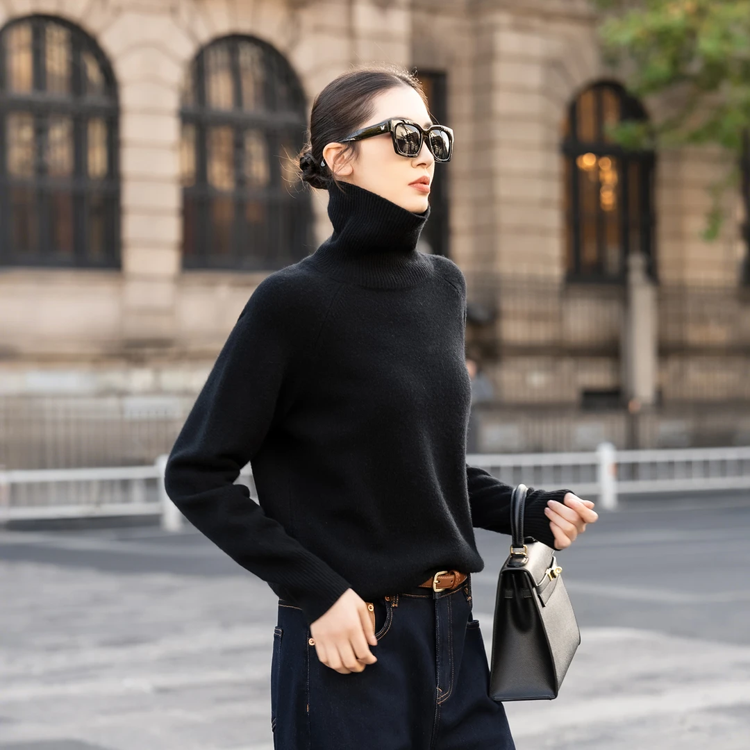 秋冬季百搭爆款休闲宽松时尚保暖加厚高领黑色羊绒毛衣