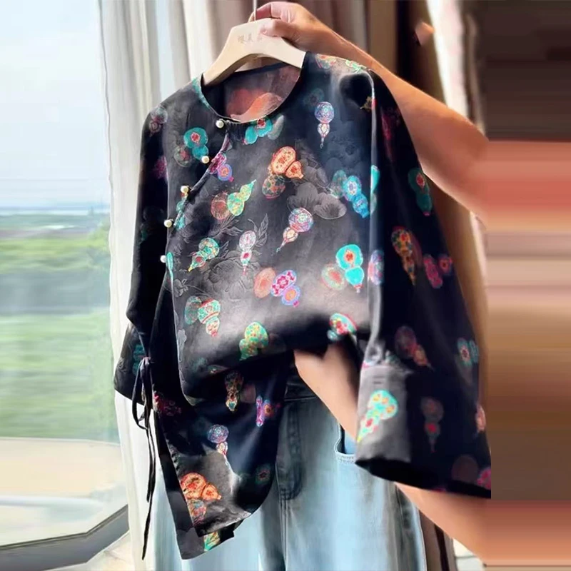 新中式国风黑色福禄双全提花衬衫女2025早秋款气质复古七分袖上衣