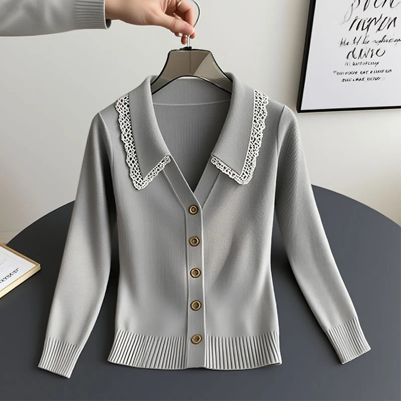 纯欲慵懒风女装灰色蕾丝花边针织衫早秋季新款高级感洋气长袖上衣