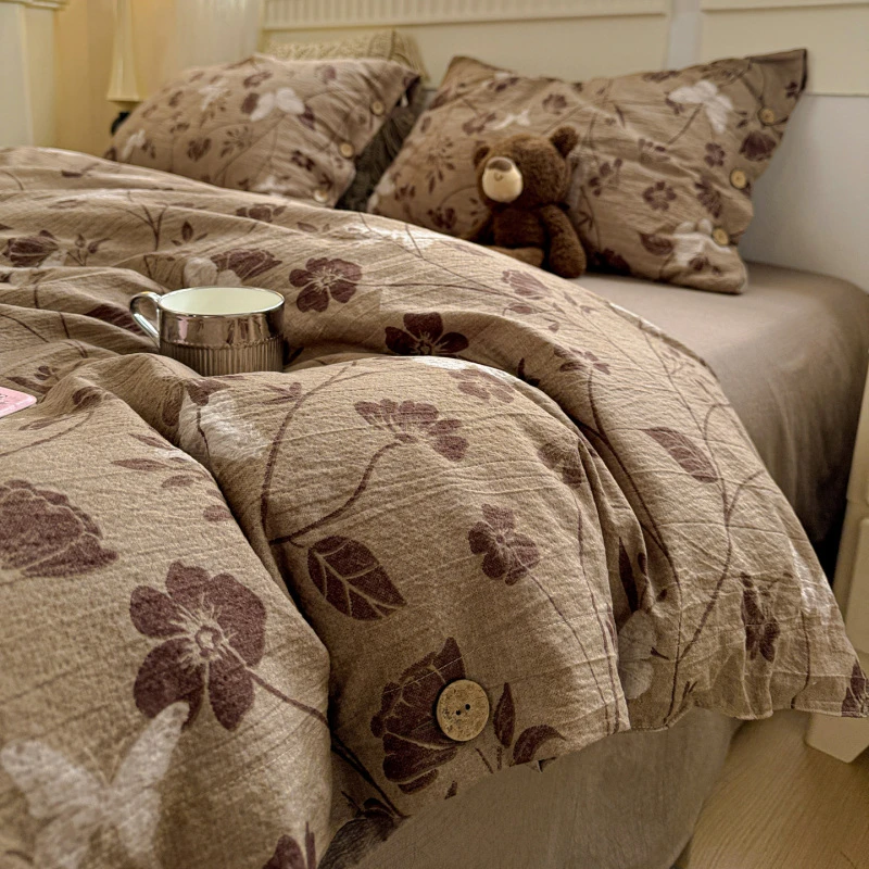 2025新款原麻复古四件套纯棉纽扣被套单人全棉学生宿舍床单三件套