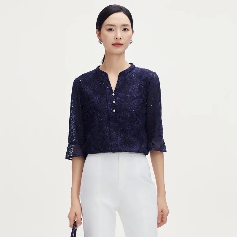 娜尔思商场同款时尚简约修身V领七分袖套头上衣女25新款ND04456N5