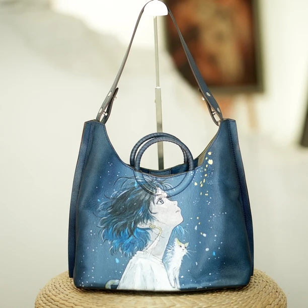 原创手绘真皮女包休闲斜挎包单肩包女士包包慵懒风通勤女包软皮包