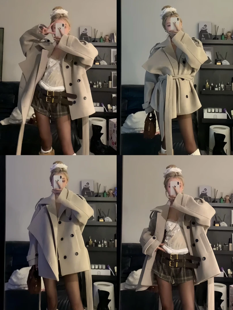 【福利款NO退换】浅灰色毛呢夹棉围脖设计感短外套女