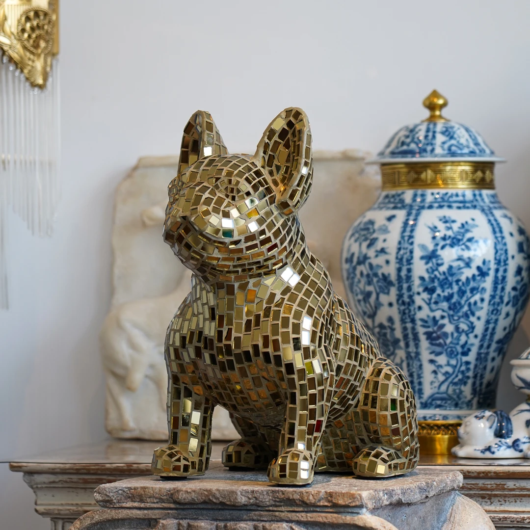 【BENNY本尼家】香槟金镜片法斗狗手工贴片装饰品客厅玄关落地摆件