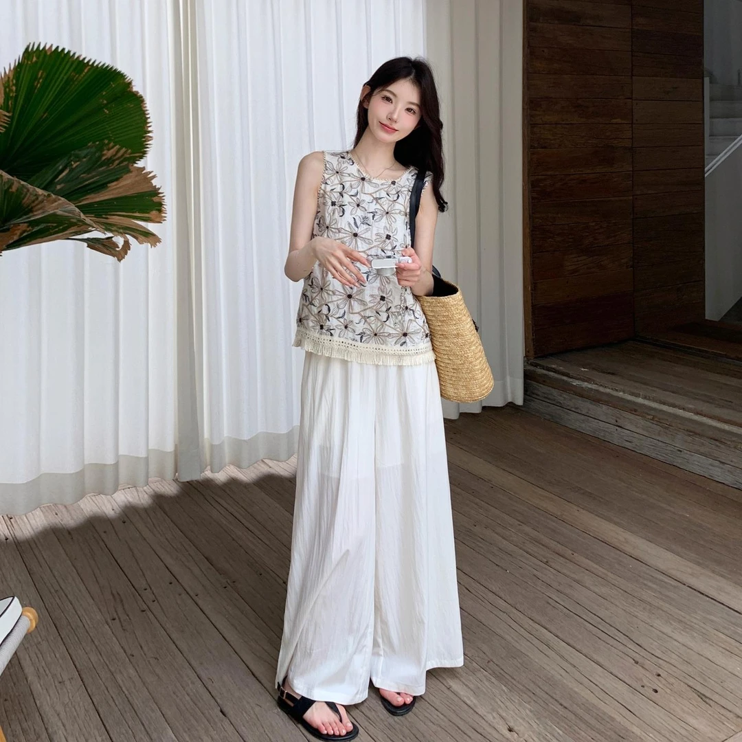 韩里韩气穿搭套装洋气无袖上衣高级感亚麻气质超火阔腿裤两件套女