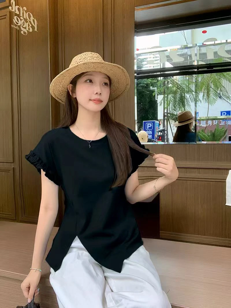 Q新款胖mm大码女甜美设计感飞飞袖木耳边露背拼接系带短袖A2017