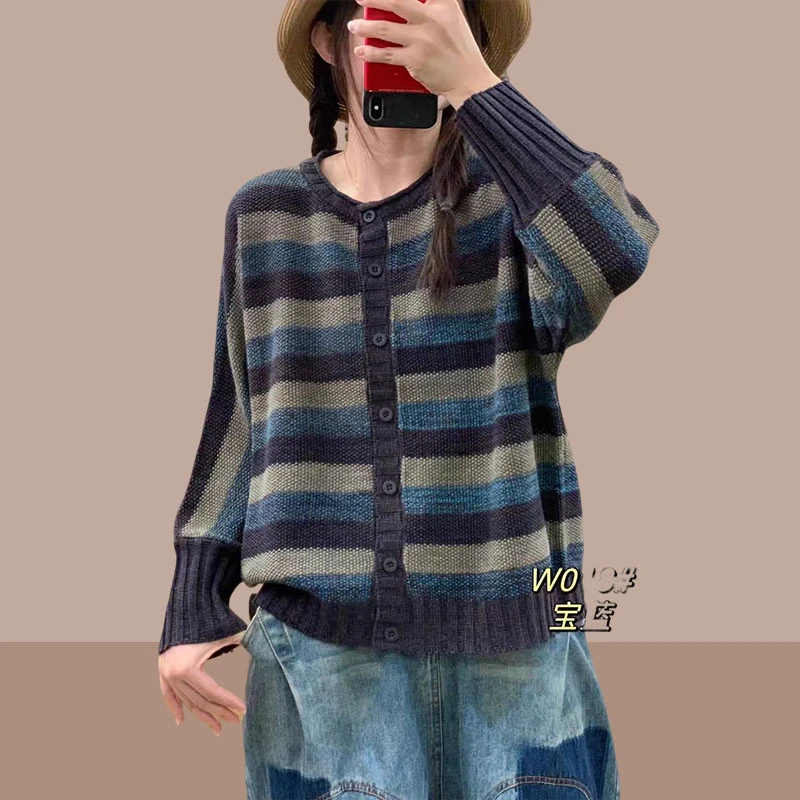 复古条纹针织开衫女秋季新款时尚百搭宽松显瘦I洋气休闲圆领毛衣