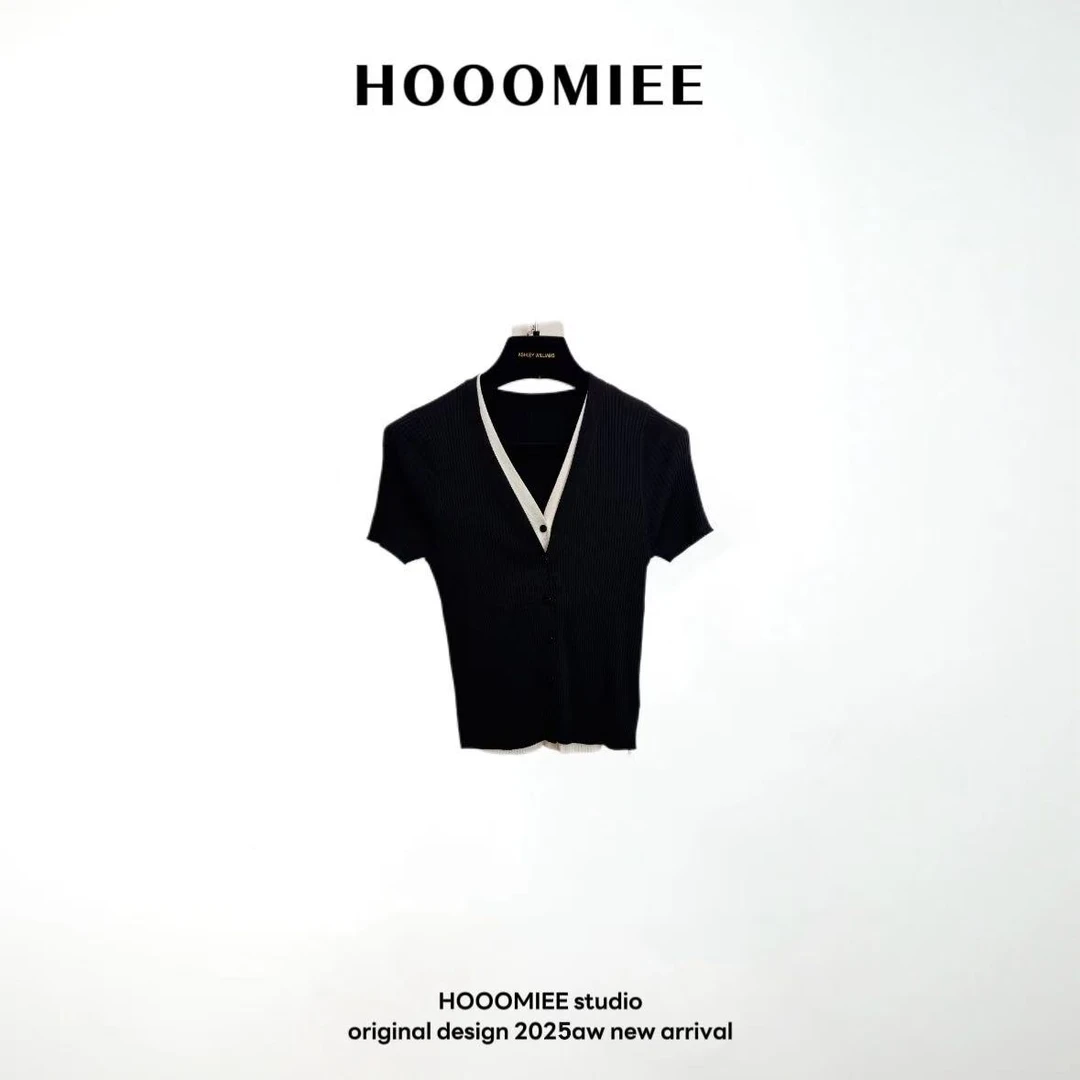 Hooomiee基础撞色修身假两件V领针织开衫ML25047
