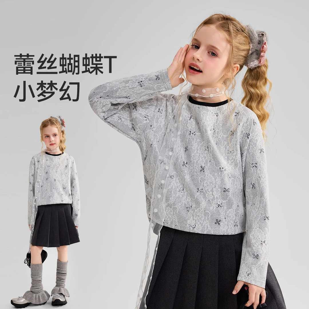 ASK JUNIOR【蝴蝶结】儿童长袖T恤2025秋季中大童条纹打底衫女童上