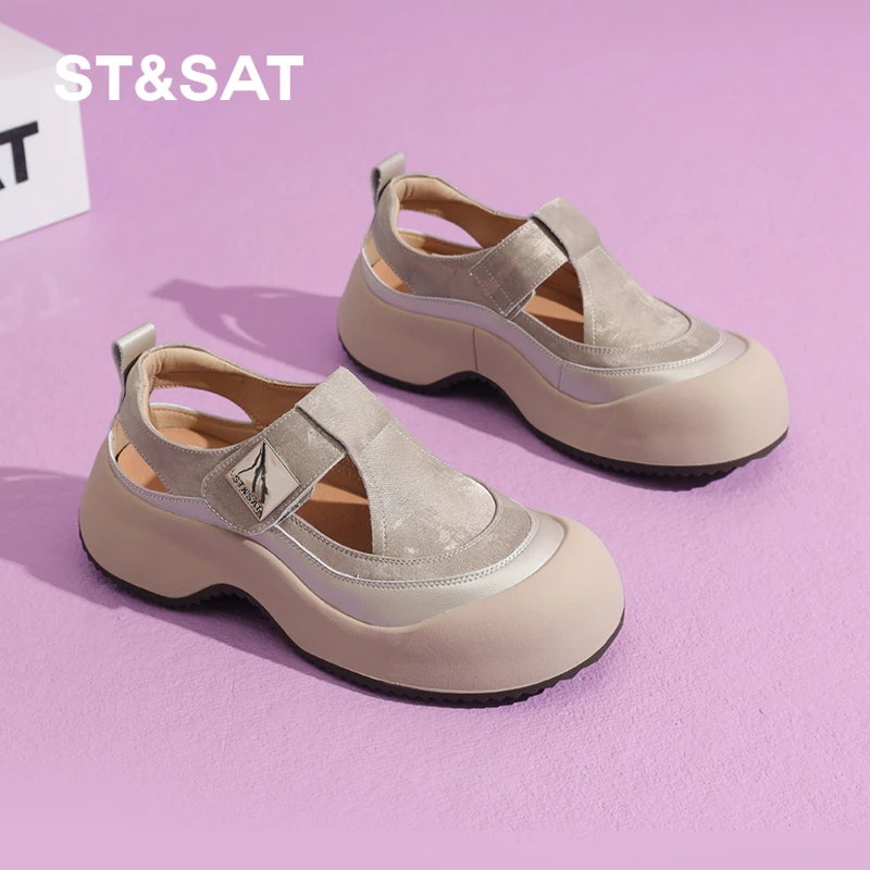 星期六镂空包头凉鞋女2025夏季新款透气单鞋厚底松糕魔术贴休闲鞋