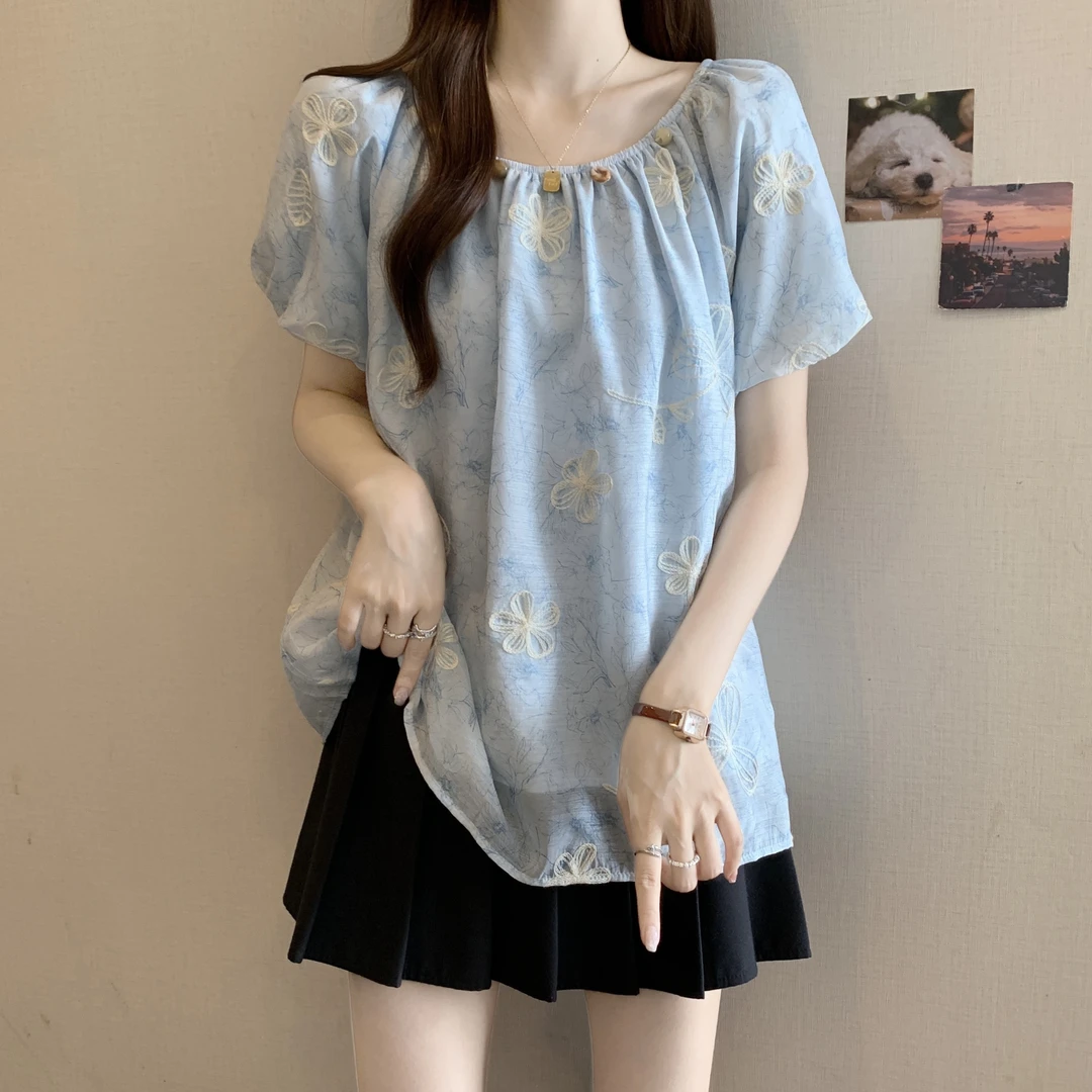 大码女装遮肚子新中式提花刺绣雪纺衫女夏季胖mm宽松显瘦洋气上衣