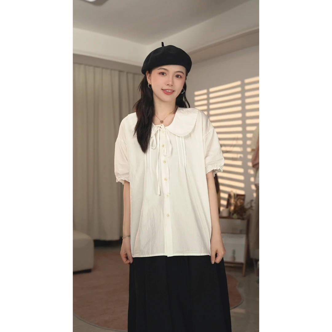 圆圆【小褶衫】 娃娃领系休闲纯色压褶带宽松短袖上衣衬衫 YY 8012
