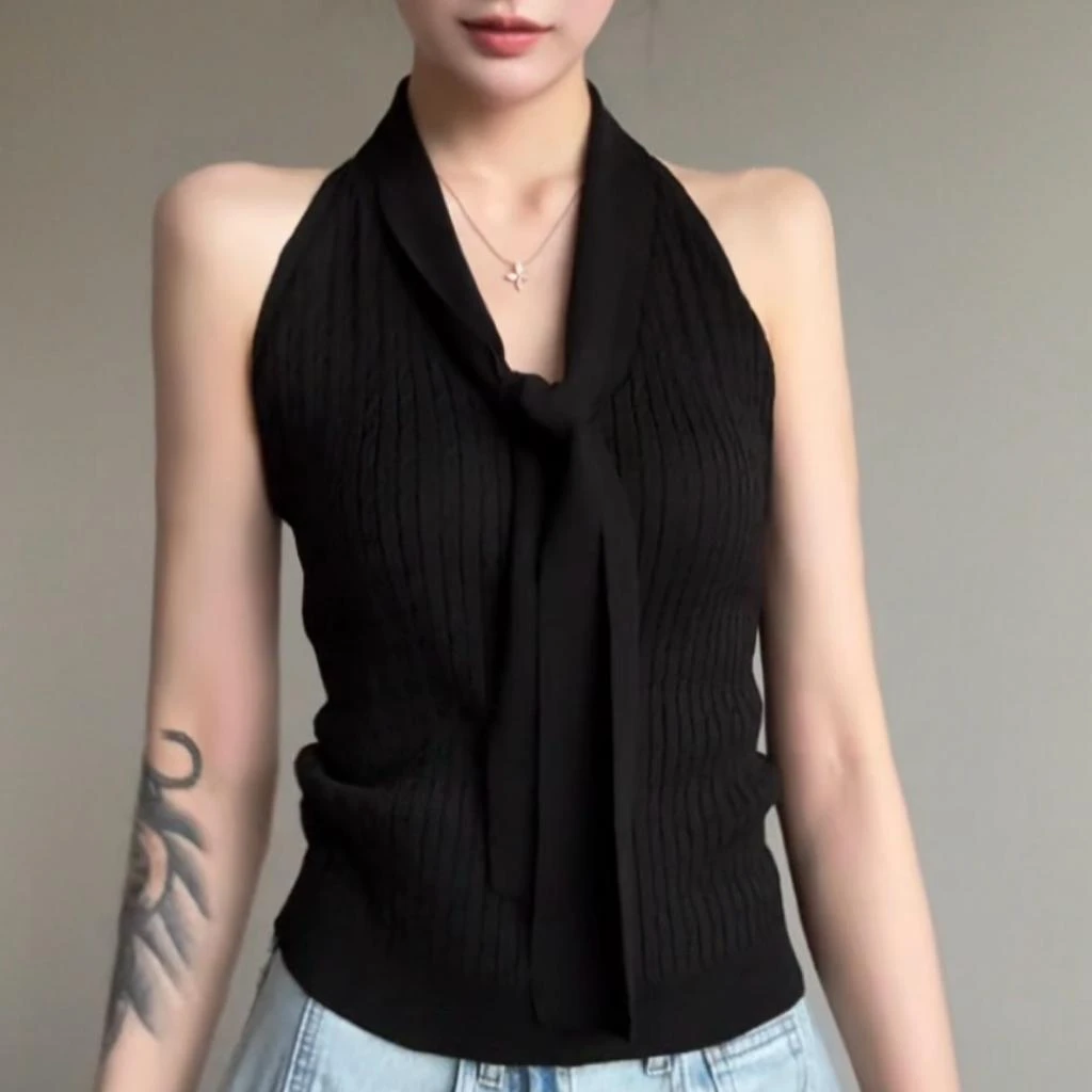 慵懒风无袖V领夏季圆领毛针织衫修身通勤无袖吊带背心打底黑色