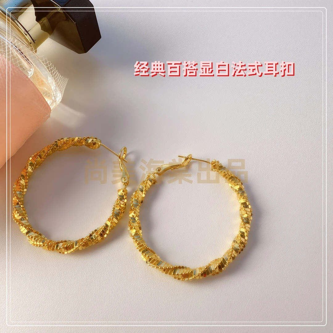 铜合金耳饰 不规则刺型时尚简约圆圈法式耳扣 素圈金色新款耳环