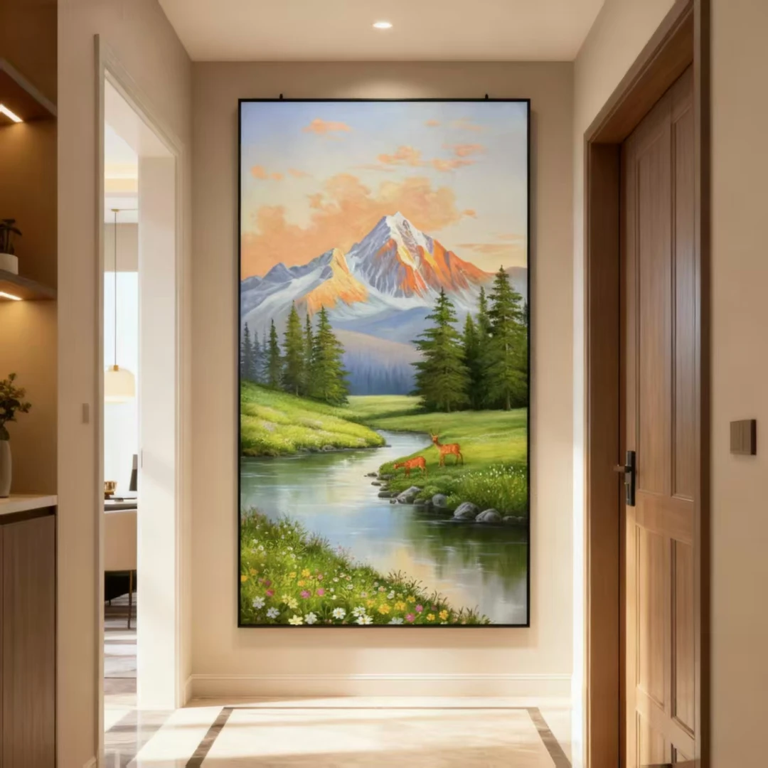 鹿鸣金山聚宝盆山水竖版中式简约入户玄关走廊过道聚财风景挂画
