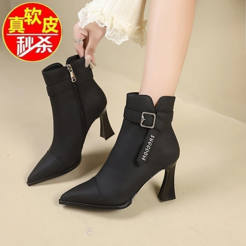 品牌断码真皮短靴女秋冬新款绒里高跟靴气质瘦瘦靴女拉链细跟靴女