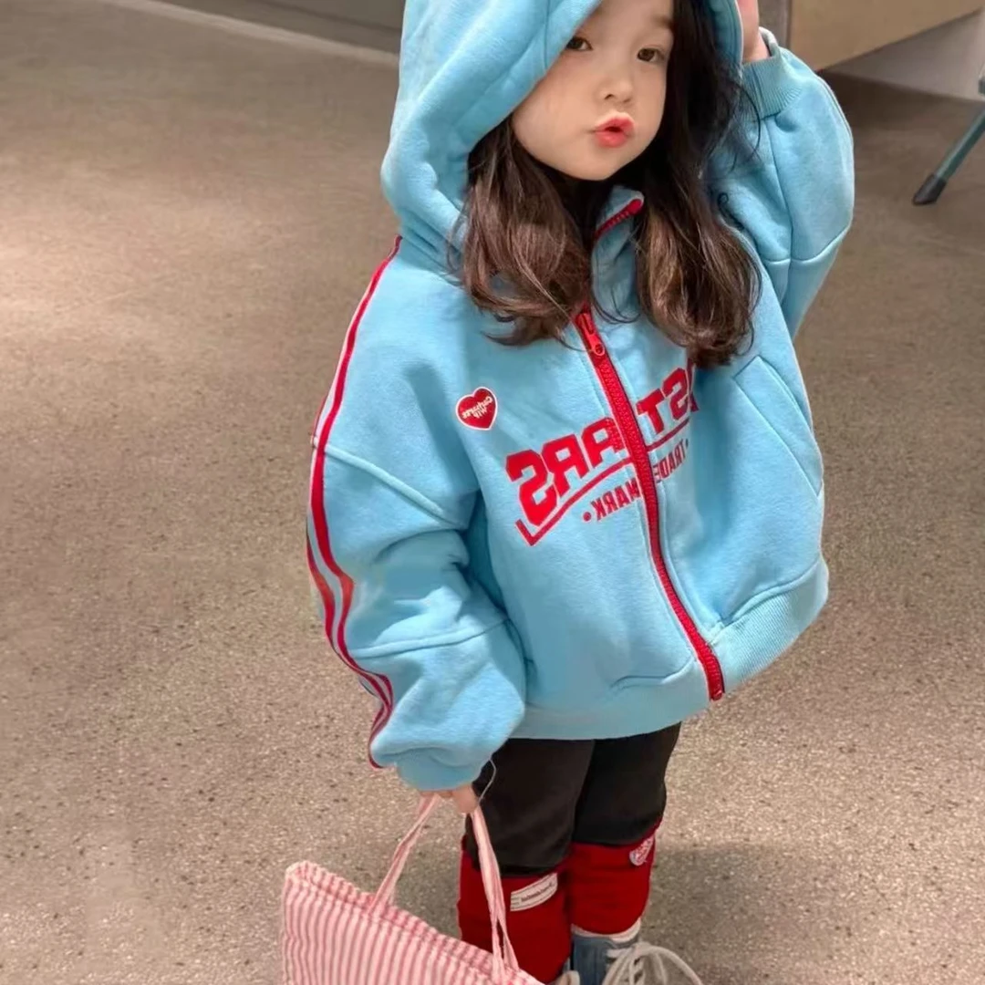 韩国童装女童连帽外套秋冬装2025新款儿童加绒卫衣宝宝休闲棒球服