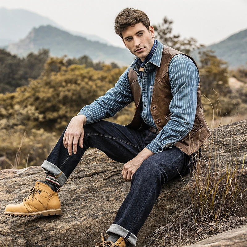 MCS紧身版V领绵羊皮马甲真皮美式休闲复古皮坎肩男冬款CW23WV711M