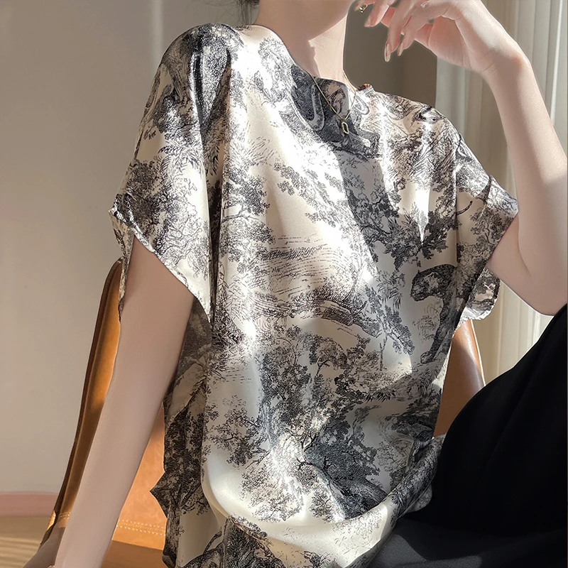 ifashion原创轻奢T恤古风水墨印花设计显瘦修身慵懒设计