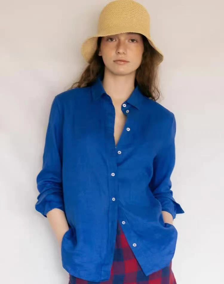 SS25840   订单小狗刺绣进口100%亚麻衬衫