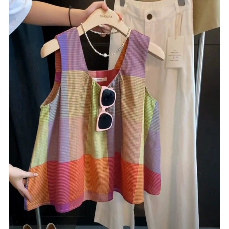 中大童夏款上衣彩虹背心多巴胺撞色格子上衣女童夏季无袖显瘦背心