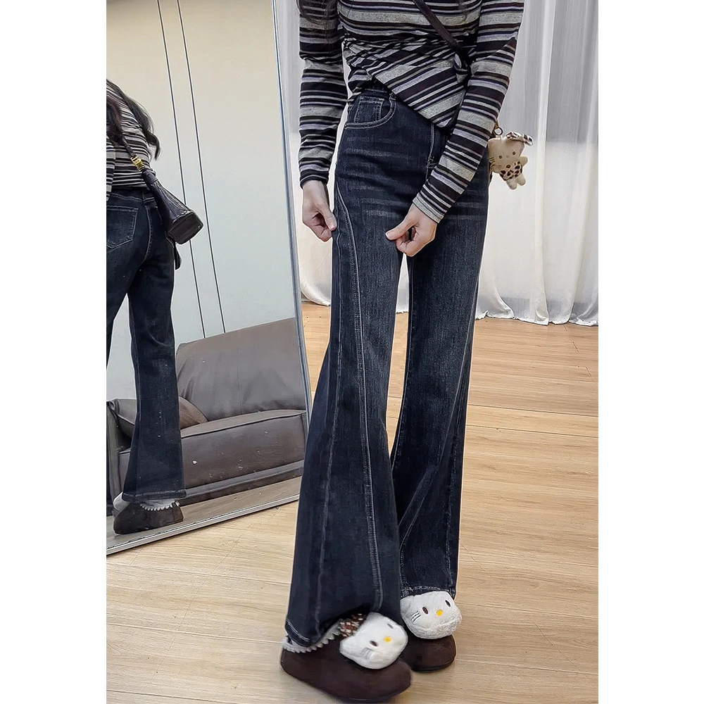 275蓝灰色高腰明线拼接微喇牛仔裤女2025年秋季新款不贴腿喇叭裤