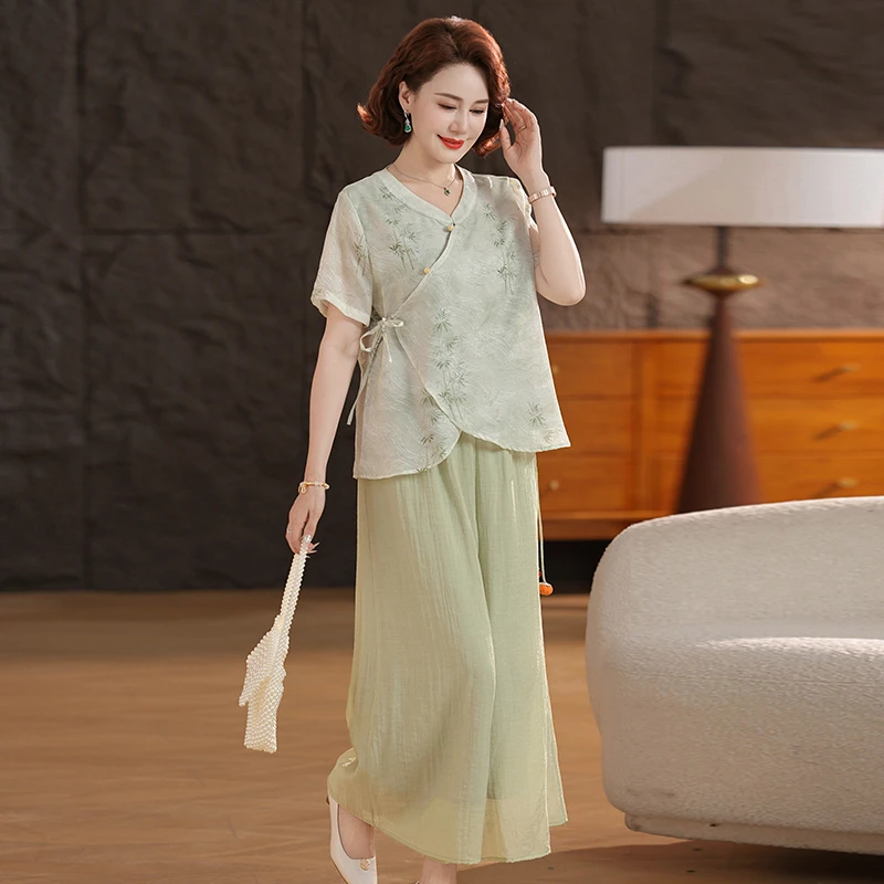 新中式国风套装女士2025夏季新款妈妈洋气时尚休闲棉麻上衣两件套